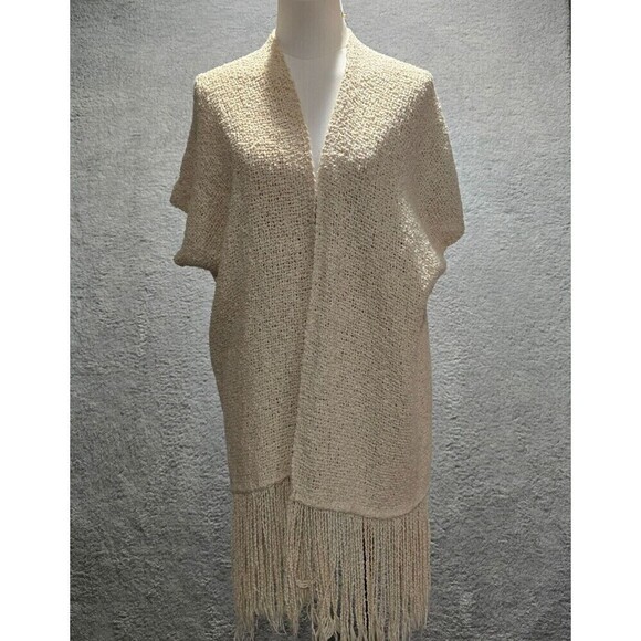 Unbranded Sweaters - Handwoven Womens Cardigan Poncho Kimono OS Beige Fringe Coastal Boho Lagenlook